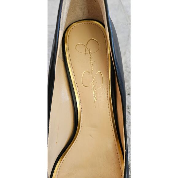 Jessica Simpson Peep Toe Leather Dress Fashion Stiletto Heels Women Sz 8.5 Black - Picture 3 of 7